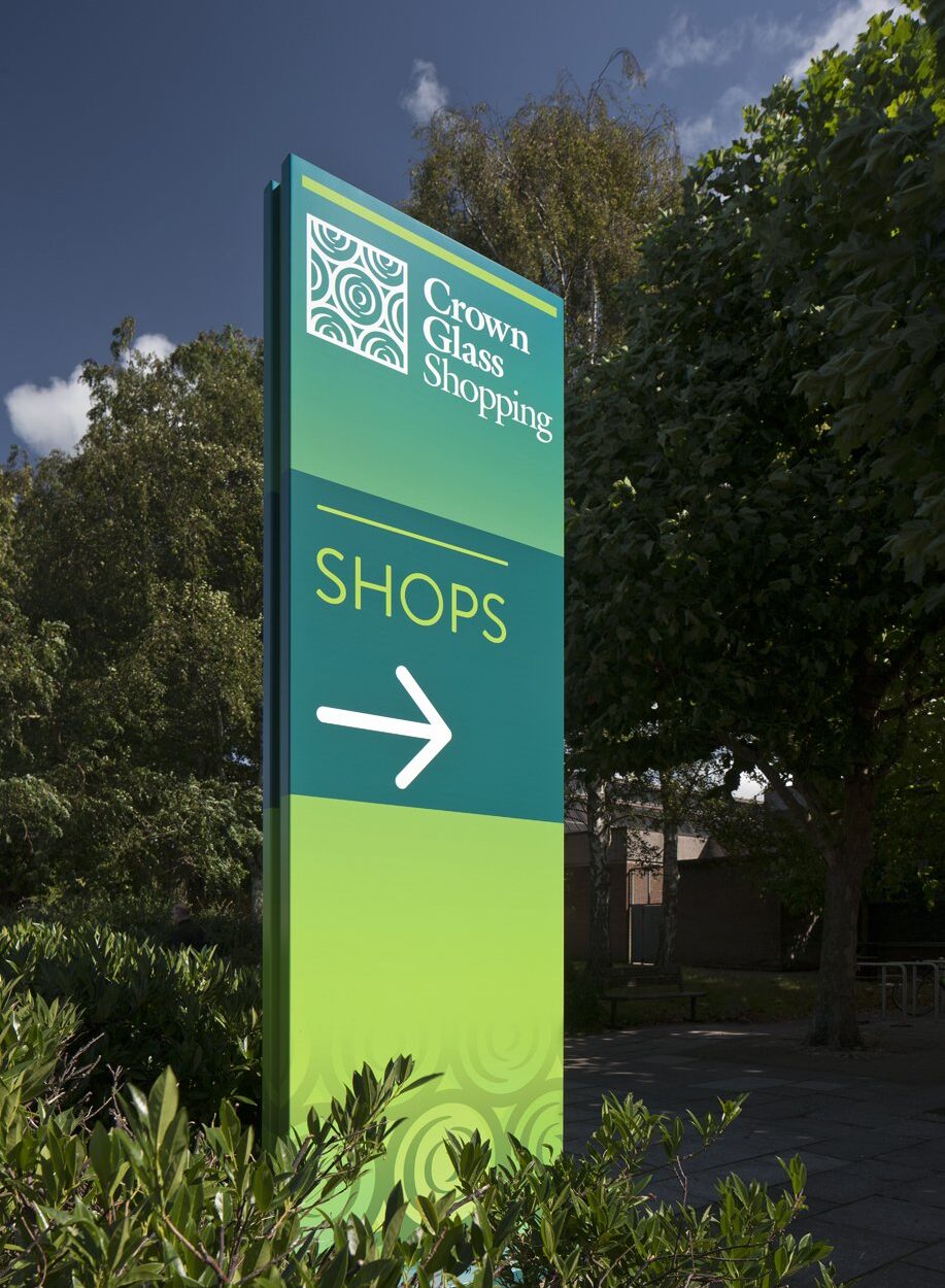 way-finding signage for crown glass shopping Beyond London Crown Glass Shopping Centre Retail Design Asset Enhancement Brand Identity Signage & Wayfinding Customer Experience design
