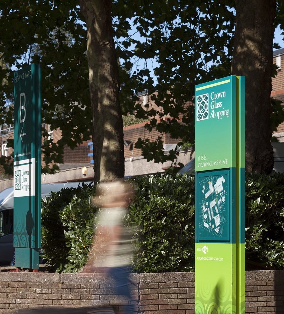 way-finding signage for crown glass shopping Beyond London Crown Glass Shopping Centre Retail Design Asset Enhancement Brand Identity Signage & Wayfinding Customer Experience design