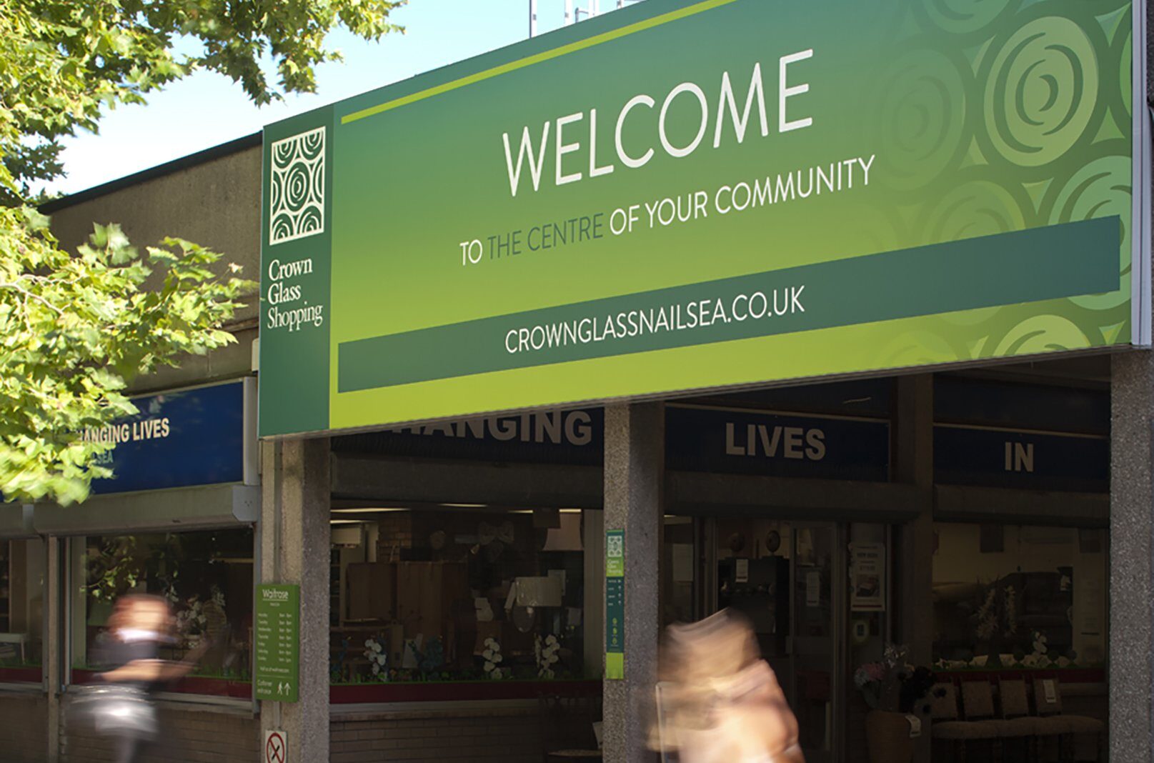 Entrance welcome signage to crown glass shopping centre Beyond London Crown Glass Shopping Centre Retail Design Asset Enhancement Brand Identity Signage & Wayfinding Customer Experience design
