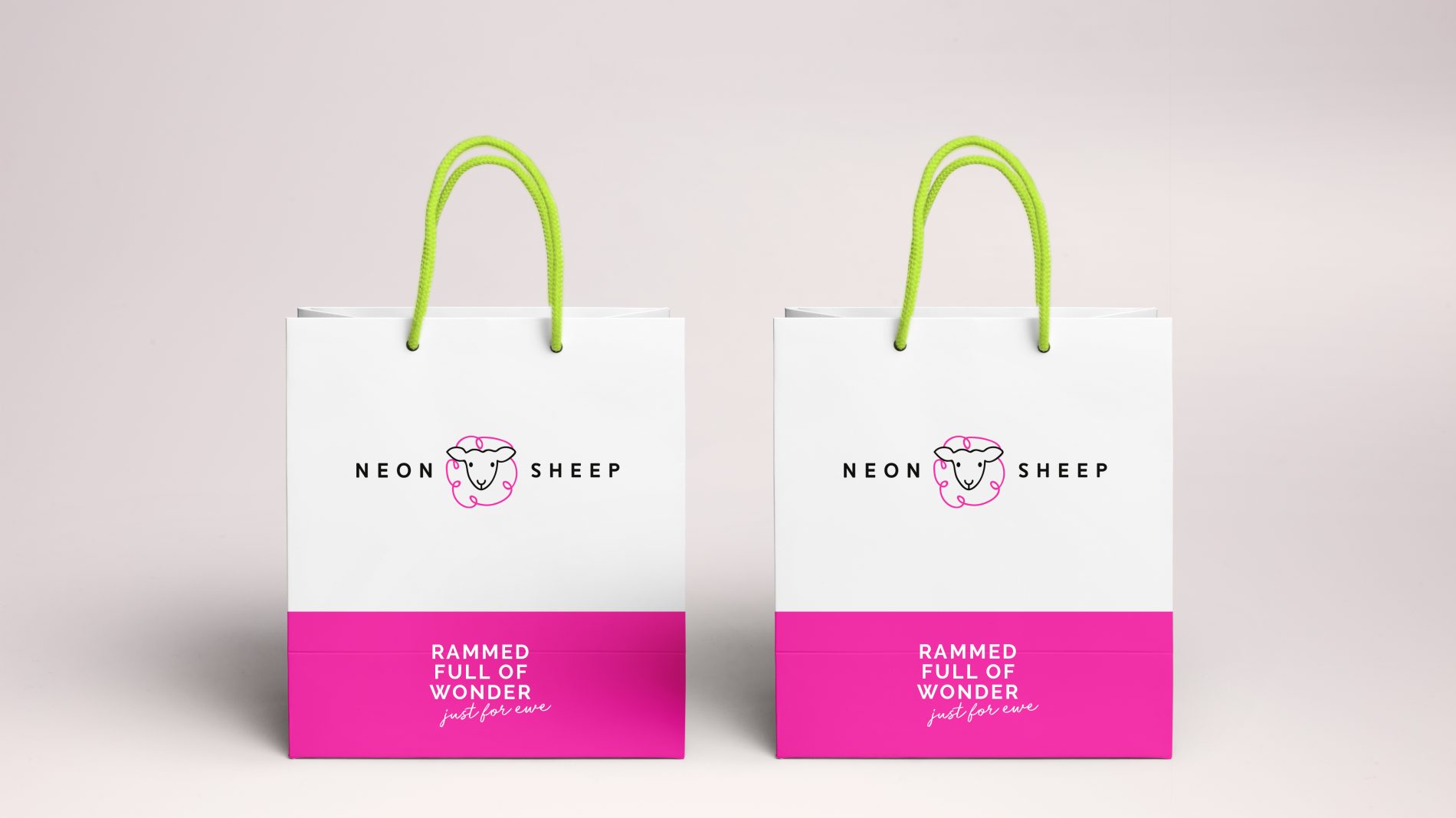 Branded Neon Sheep shopping bags reading 'rammed full of wonder'