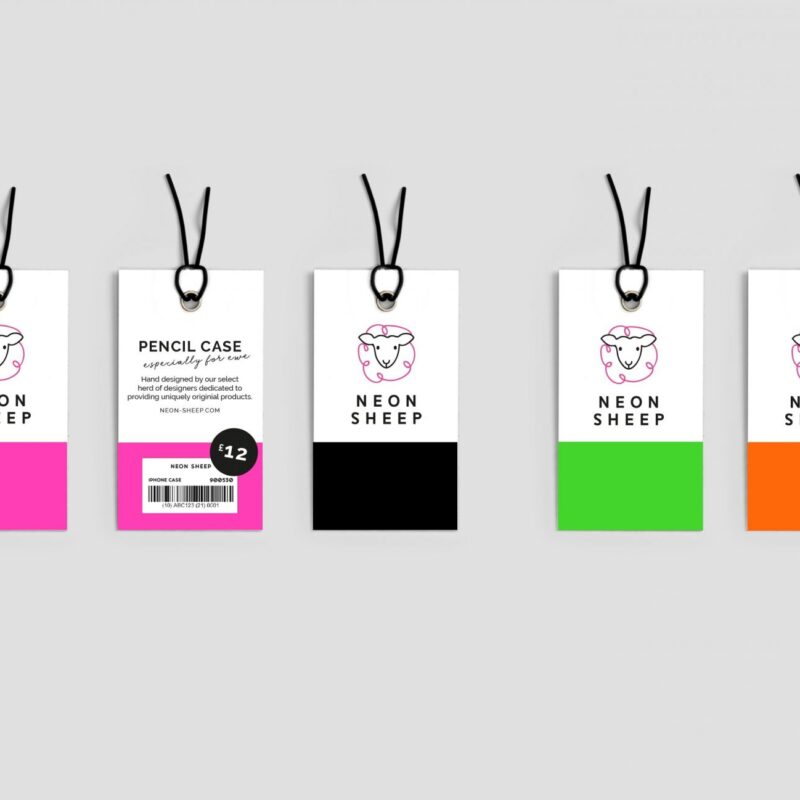 Flat-lay of 5 Neon Sheep product tags