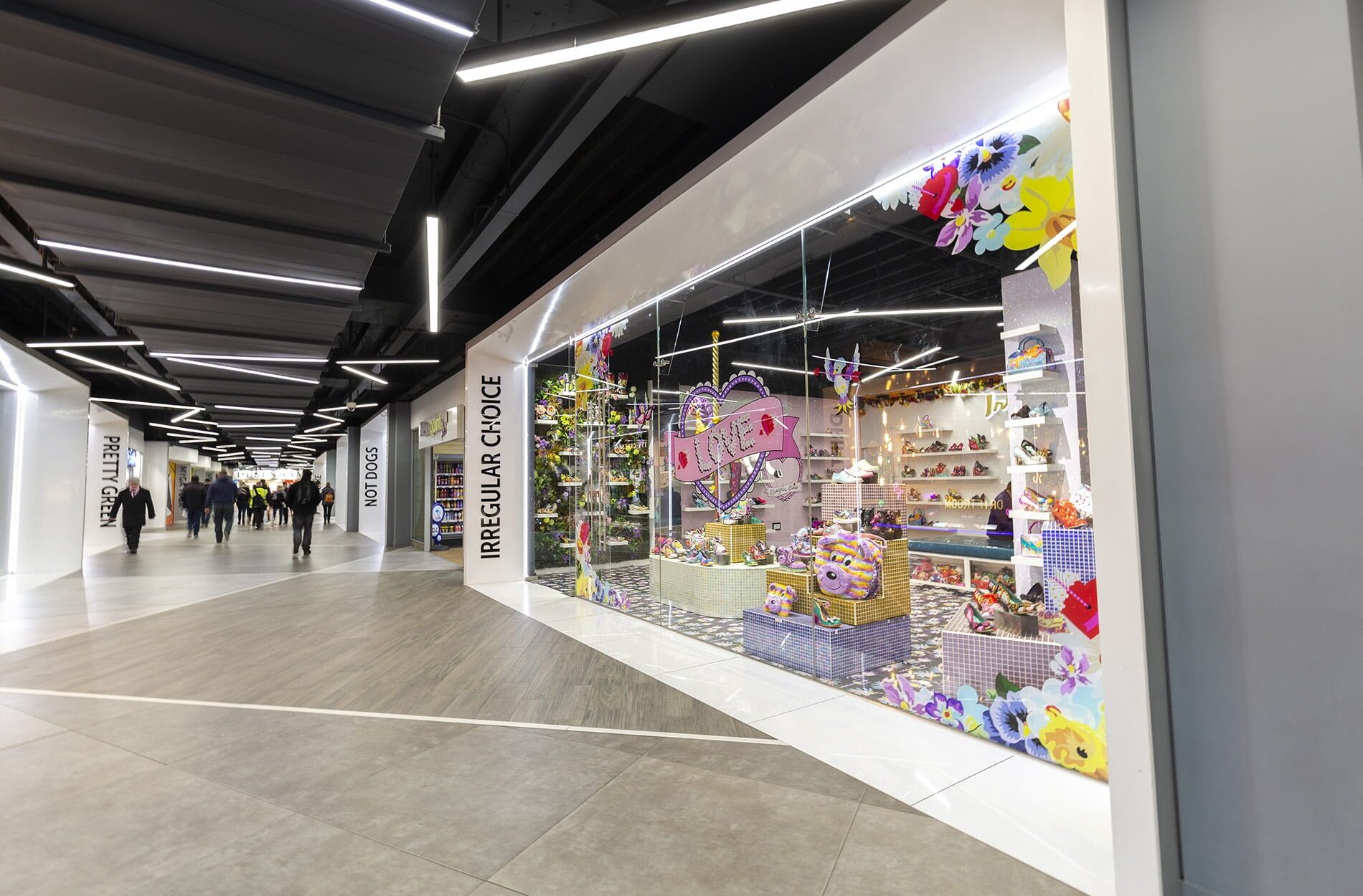 irregular choice pop up unit in link street shopping mall Beyond London Link Street BrirminghamCustomer Experience design Interior Design Retail Design Signage & Wayfinding