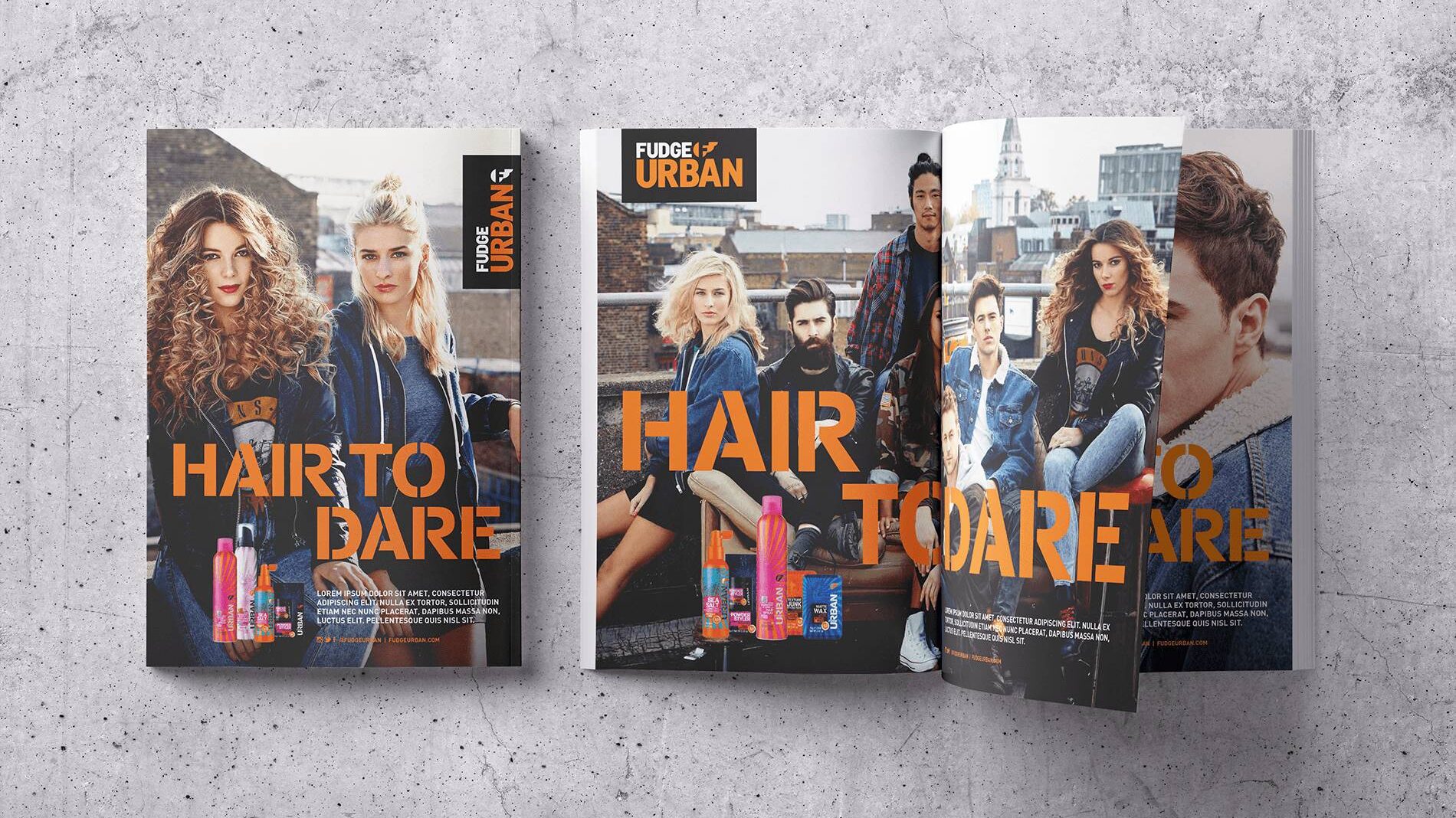 Magazine open spread with double page advert for Fudge Urban range