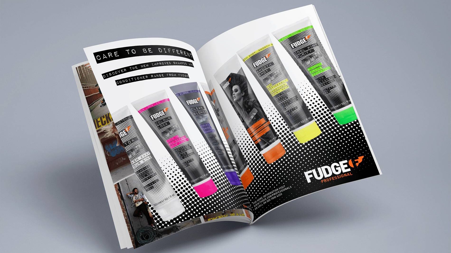 Magazine open spread with double page advert for Fudge Professional range