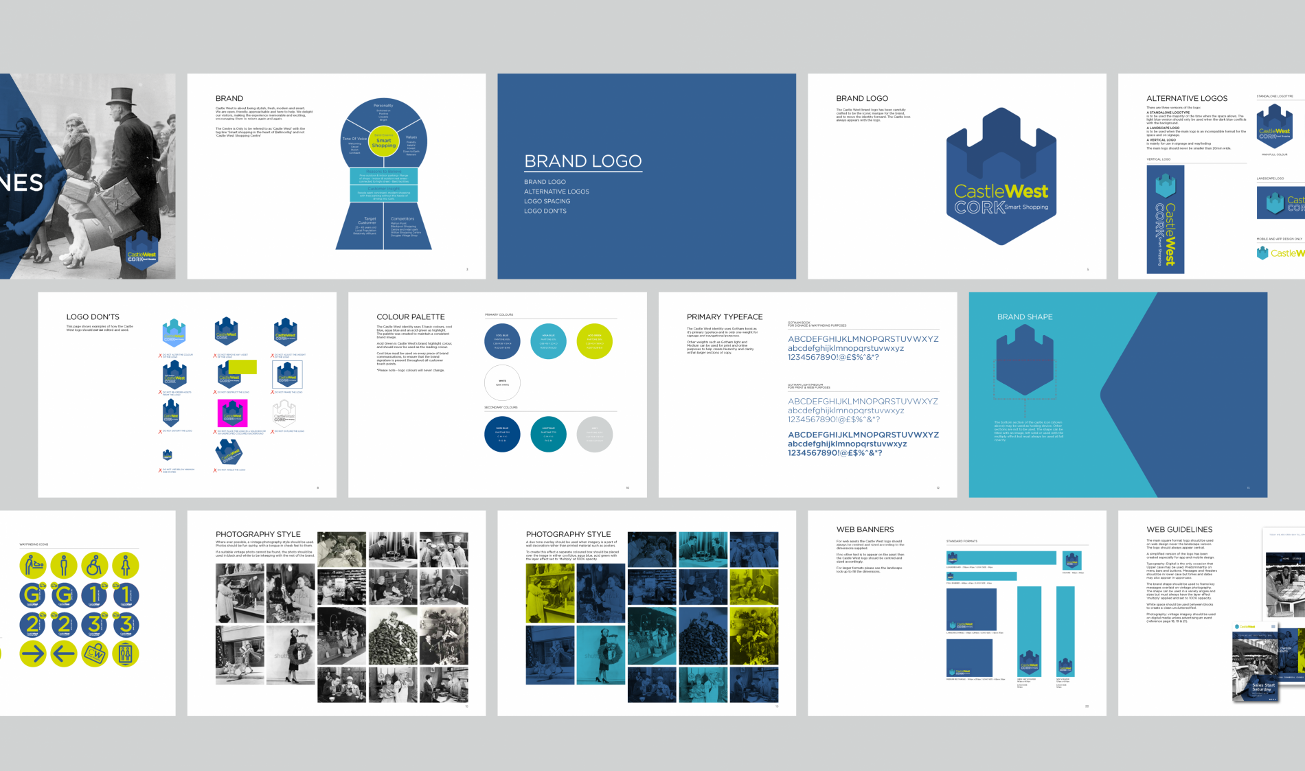 Castle West brand guidelines open spread Beyond London Castle West Shopping Centre Retail Design Asset Enhancement Brand Identity Signage & Wayfinding Customer Experience design