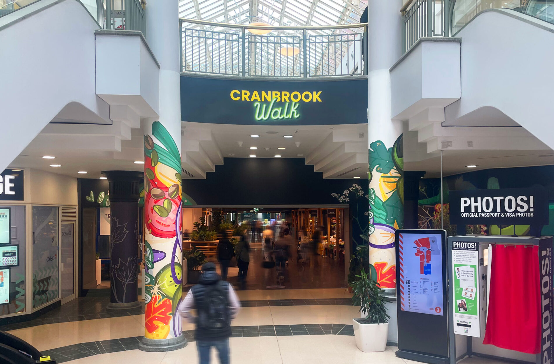 Beyond London Ilford Exchange Shopping centre Food hall interior design Signage and wayfinding Illustration Wall graphics Customer experience design Front entrance Wrapped columns