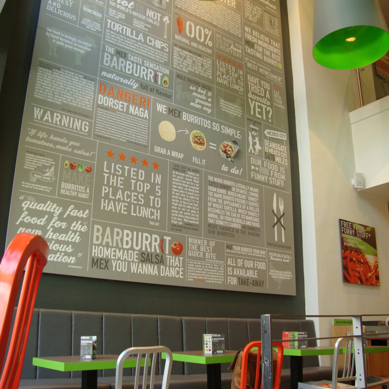 graphics on the wall of Barburrito restaurant Beyond London Barburrito Brand Identity Retail Design Food & Beverage design F&B Customer Experience design Restaurant