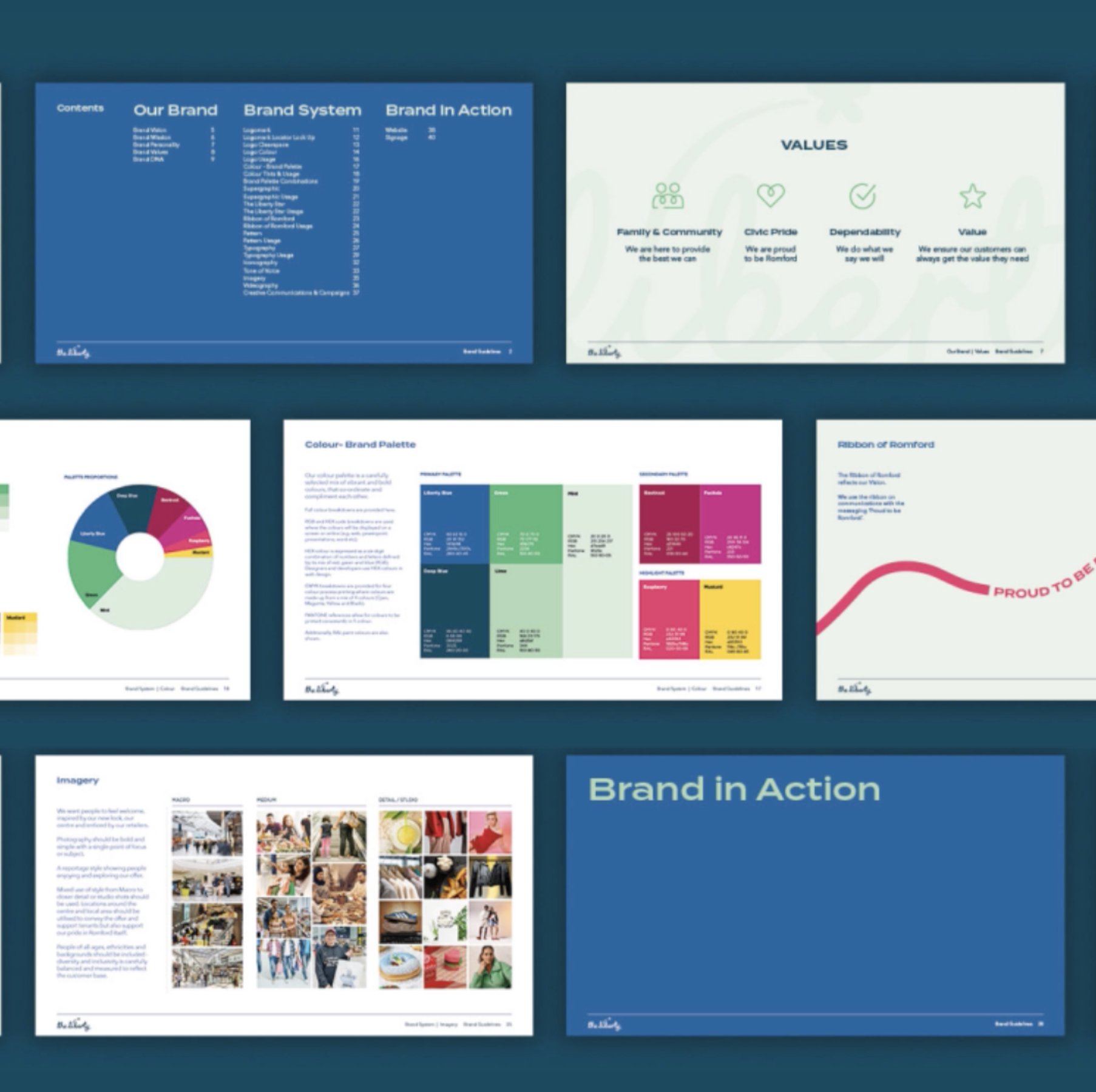 Branding Guidelines for The Liberty Romford Shopping Centre, showing developed brand identity and strategic positioning